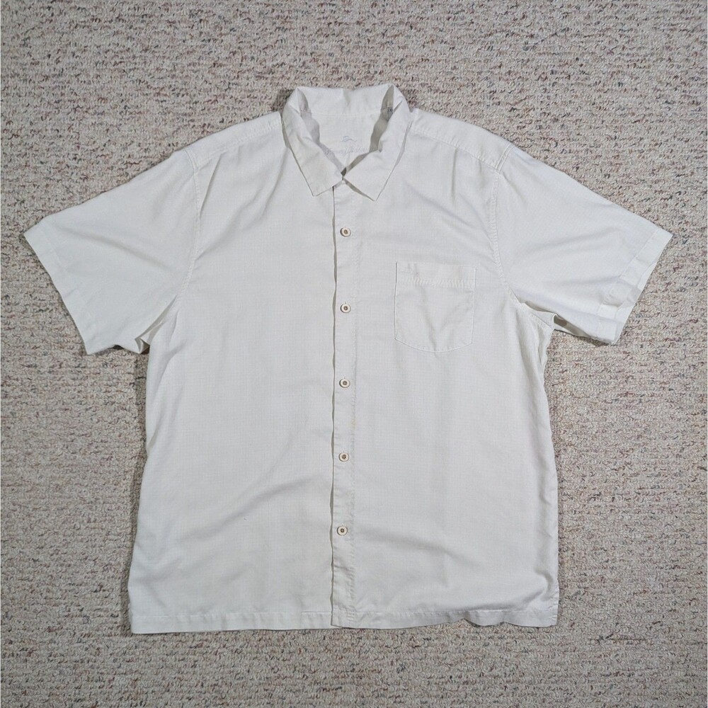 Tommy Bahama Button Up Shirt Mens XXL White Silk COOLMAX Short Sleeve Pocket